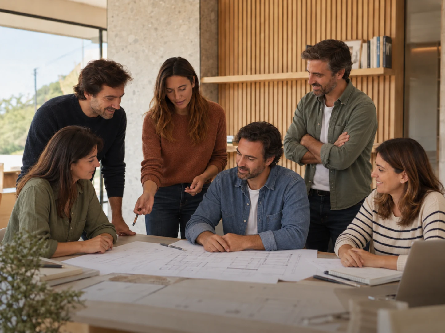 Equipa Dmodular reunida em torno de plantas e materiais de um projeto de remodelação